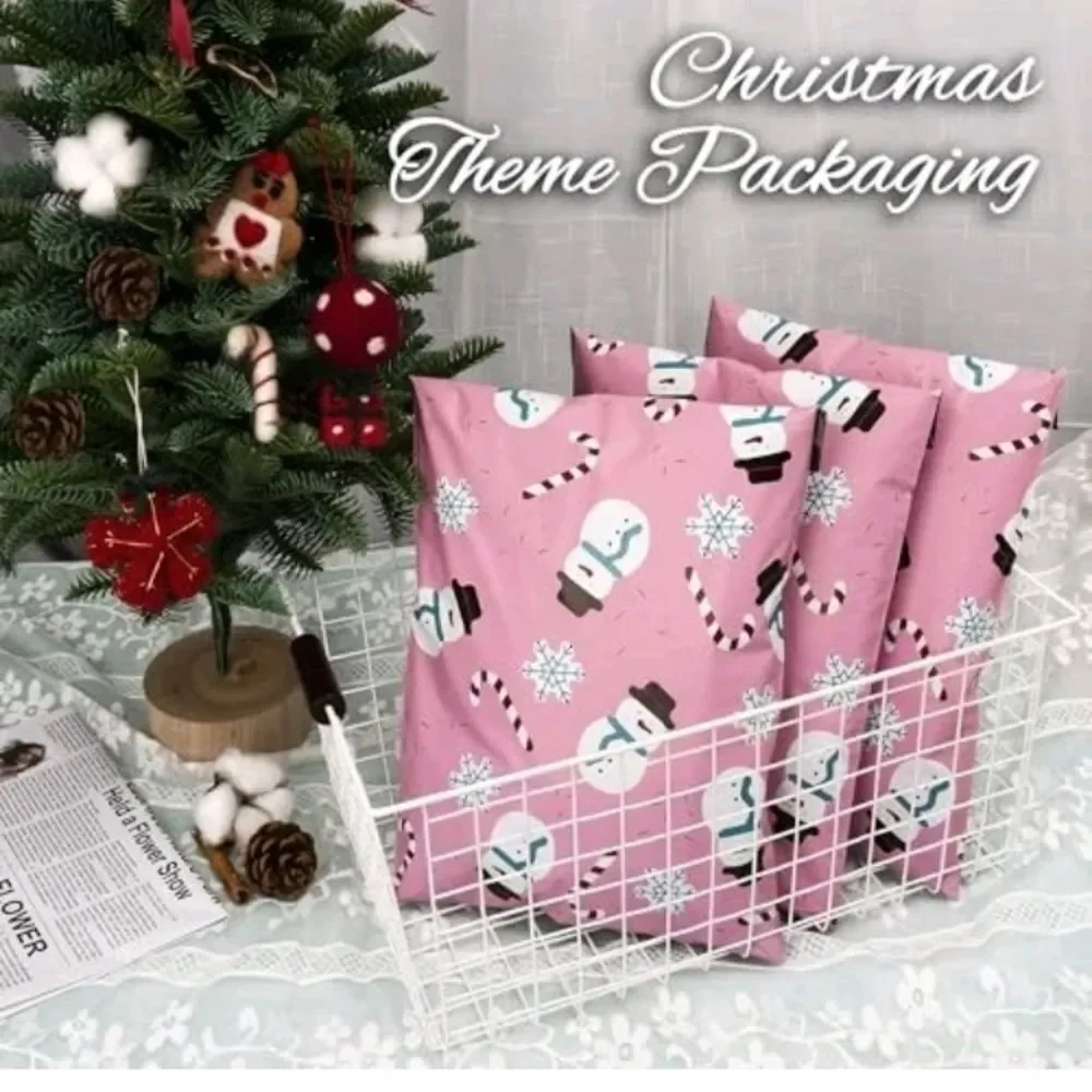 Pink Snowman Candy Cane Poly Mailers  8 Count Boho Office Ship Merch Swag Posh